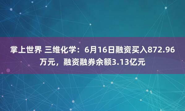 掌上世界 三维化学：6月16日融资买入872.96万元，融资融券余额3.13亿元
